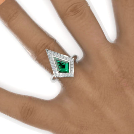 2.5 Carat Kite Emerald Halo Engagement Ring. 2.5CT Fancy Shape Bezel Emerald Ring Model 935-12x8