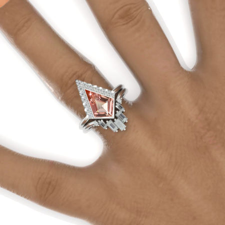 2.5 Carat Kite Peach Sapphire Halo Engagement Ring Set. 2.5CT Fancy Kite Shape Bezel Peach Sapphire Ring Set Model 936-12x8