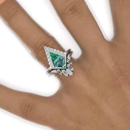 2.5 Carat Kite Green Moissanite Halo Engagement Ring Set. 2.5CT Fancy Kite Shape Bezel Moissanite Ring Set Model 936-12x8