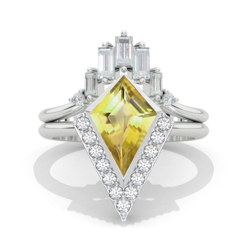 2.5 Carat T.W. Kite Genuine Yellow Citrine Halo Engagement Ring Set. 2.5CT Fancy Kite Shape Bezel Genuine Yellow Citrine Ring Set Model 936-12x8