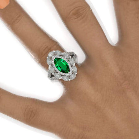 2Ct Marquise Cut Emerald Vintage Engagement Ring, Marquise  Engagement Ring, Marquise Side Accents Stones 14K White Gold Ring