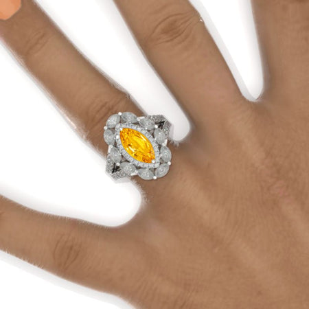 2Ct Marquise Cut Genuine Yellow Citrine Vintage Engagement Ring, Marquise  Engagement Ring, Marquise Side Accents Stones 14K White Gold Ring Model 937