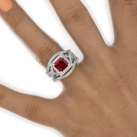 2 Carat Princess Ruby Halo 14K White Gold Engagement Ring Eternity Ring Set