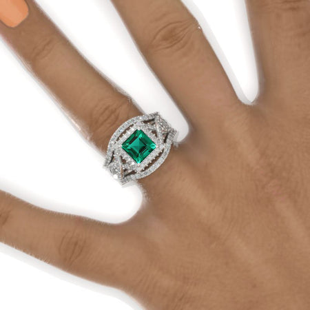 2 Carat Princess Emerald Halo 14K White Gold Engagement Ring Eternity Ring Set  Model 938
