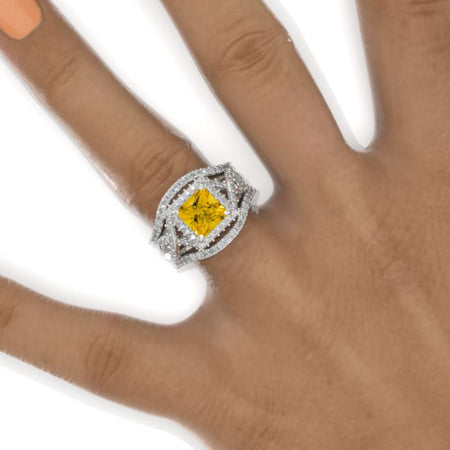 2 Carat Princess Genuine Yellow Citrine Halo 14K White Gold Engagement Ring Eternity Ring Set Model 938