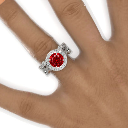 2 Carat Round Ruby Halo Twisted Shank Engagement Ring, Eternity Ring Set