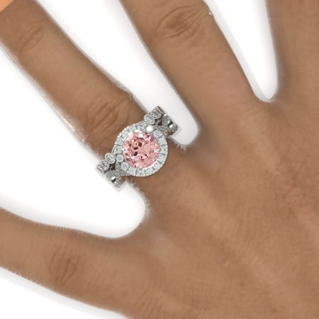2 Carat Round Peach Sapphire Halo Twisted Shank Engagement Ring, Eternity Ring Set Model 940