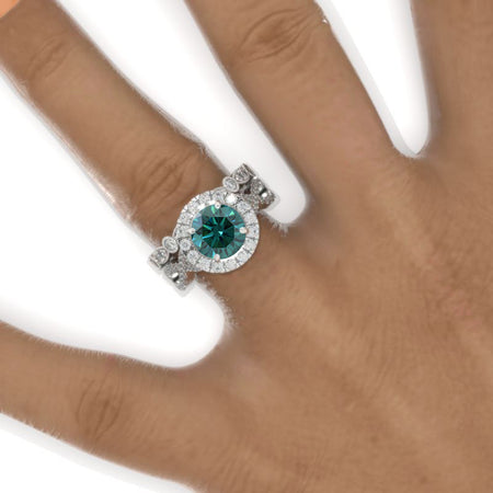 2 Carat Round Green Moissanite Halo Twisted Shank Engagement Ring, Eternity Ring Set Model 940