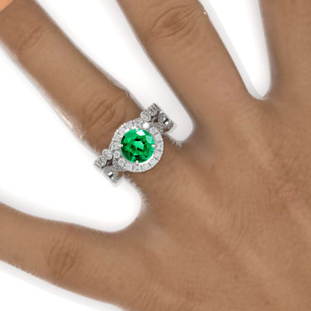 2 Carat Round Emerald Halo Twisted Shank Engagement Ring, Eternity Ring Set Model 940