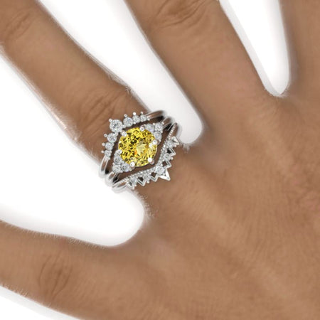2 Carat Round Yellow Sapphire Floral Shank Engagement Ring, Eternity Ring Set Model 941