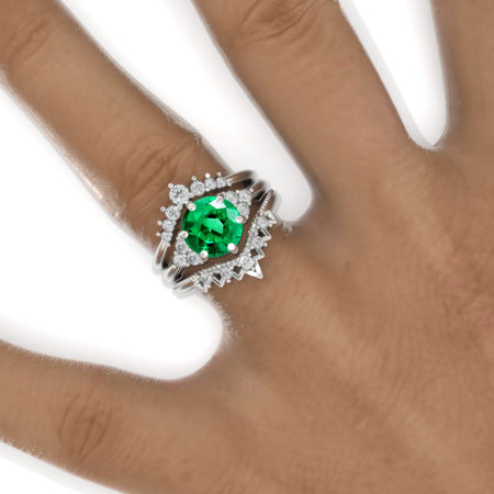 2 Carat Round Emerald Floral Shank Engagement Ring, Eternity Ring Set Model 941