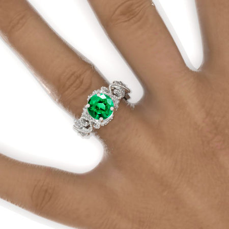 2 Carat Emerald Ornamental Floral White Gold Engagement Ring
