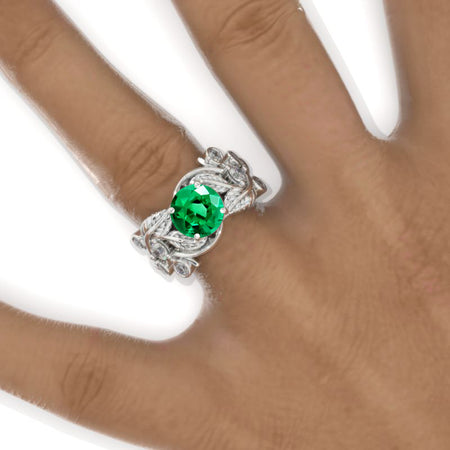 2 Carat Emerald Ornamental Floral Twig White Gold Engagement Ring Model 943