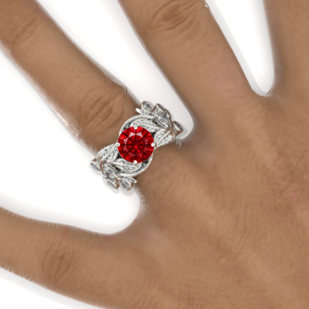 2 Carat Ruby Ornamental Floral Twig White Gold Engagement Ring