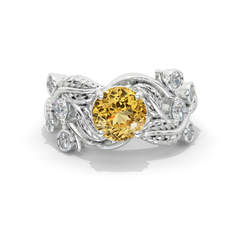 2 Carat Genuine Yellow Citrine Ornamental Floral Twig White Gold Engagement Ring Model 943