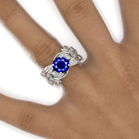 2 Carat Royal Blue Sapphire Ornamental Floral Twig White Gold Engagement Ring Model 943