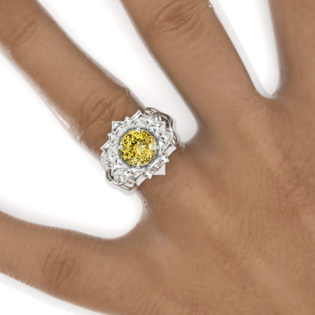 2 Carat Yellow Sapphire Floral Halo Twig White Gold Engagement Ring Model 944