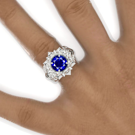 2 Carat Royal Blue Sapphire Floral Halo Twig White Gold Engagement Ring