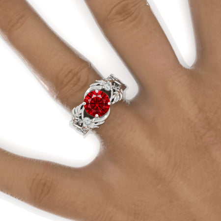 2 Carat Ruby Floral Twig 14K White Gold Engagement Ring