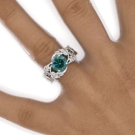 2 Carat Green Moissanite Floral Twig 14K White Gold Engagement Ring Model 945