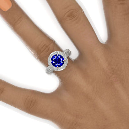 2 Carat Round Cut Royal Blue Sapphire Double Halo White Gold Engagement Ring
