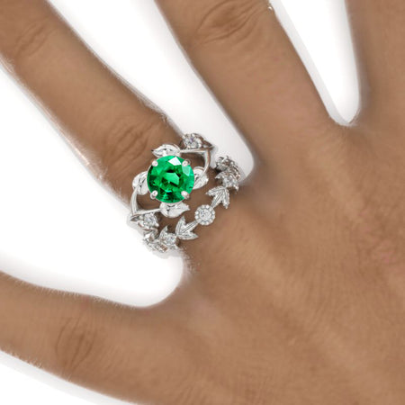 2 Carat Round Emerald Floral Twig Engagement Ring, Eternity Ring Set