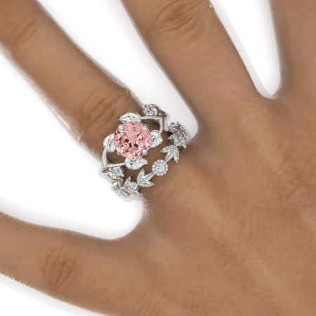 2 Carat Round Peach Sapphire Floral Twig Engagement Ring, Eternity Ring Set Model 948