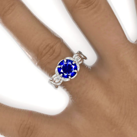 2 Carat Round Royal Blue Sapphire Floral Twig Shank Engagement Ring