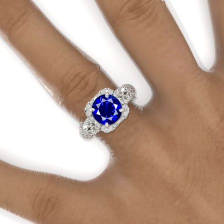 2 Carat Round Royal Blue Sapphire Halo Lace  Shank Engagement Ring