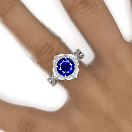 2 Carat Round Royal Blue Sapphire Floral Halo Twisted Shank Engagement Ring