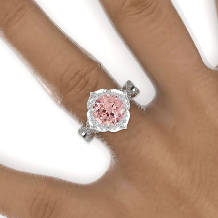2 Carat Round Peach Sapphire Floral Halo Twisted Shank Engagement Ring Model-953