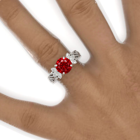 2 Carat Round Ruby Floral Lace  Shank Engagement Ring