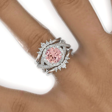 2 Carat Round Peach Sapphire Halo 14K White Gold Twisted Shank Engagement Ring Set Model 958