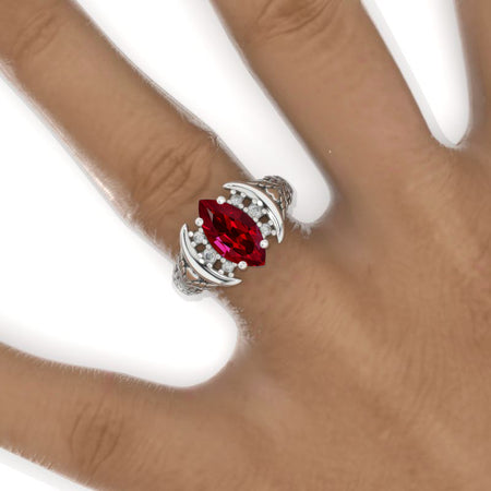 2 Carat Marquise 14K Solid Gold Ring 12x6mm Marquise Ruby Floral Wedding Ring Engagement Ring Anniversary Ring, Baguette Side Stones Ring
