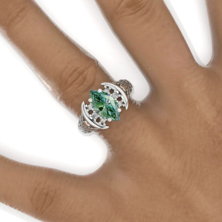2 Carat Marquise 14K Solid Gold Ring 12x6mm Marquise Green Moissanite Floral Wedding Ring. Engagement Ring Anniversary Ring, Baguette Side Stones Ring Model 830