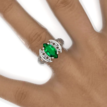 2 Carat Marquise 14K Solid Gold Ring 12x6mm Marquise Emerald Floral Wedding Ring. Engagement Ring Anniversary Ring, Baguette Side Stones Ring