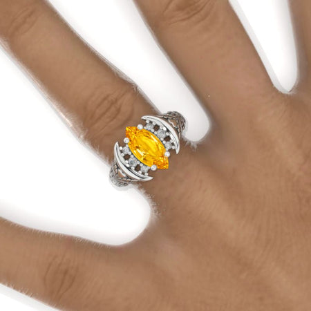 2 Carat Marquise 14K Solid Gold Ring 12x6mm Marquise Genuine Yellow Citrine Floral Wedding Ring. Engagement Ring Anniversary Ring, Baguette Side Stones Ring Model 830