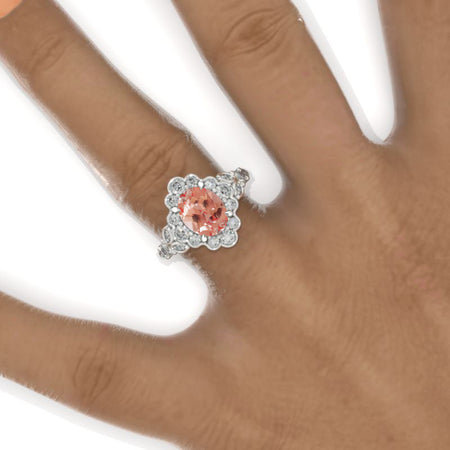 2 Carat Oval Vintage Peach Sapphire Ring, Luxury Prong Setting Oval Cut Halo Engagement Ring 2ct Carat Oval Peach Sapphire Victorian Ring Model 831-9x7