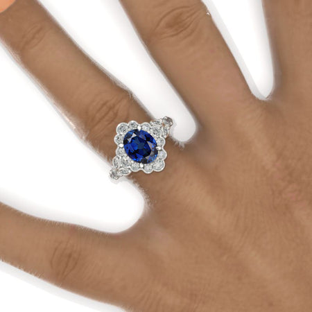 2 Carat Oval Vintage Royal Blue Sapphire Ring, Luxury Prong Setting Oval Cut Halo Engagement Ring 2ct Carat Oval Royal Blue Sapphire Victorian Ring