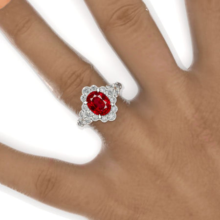 2 Carat Oval Vintage Ruby Ring, Luxury Prong Setting Oval Cut Halo Engagement Ring 2ct Carat Oval Ruby Victorian Ring