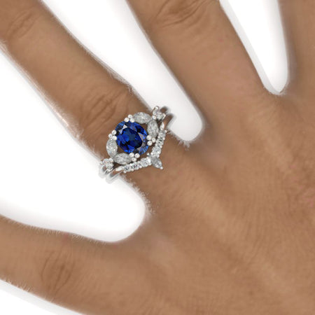 1.5 Carat Oval Royal Blue Sapphire Cluster Halo 14K White Gold Floral Engagement Ring Set