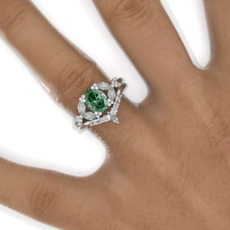 1.5 Carat Oval Green Moissanite Cluster Halo 14K White Gold Floral Engagement Ring Set Model 835