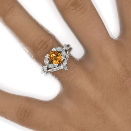 1.5 Carat Oval Genuine Yellow Citrine Cluster Halo 14K White Gold Floral Engagement Ring Set Model 835