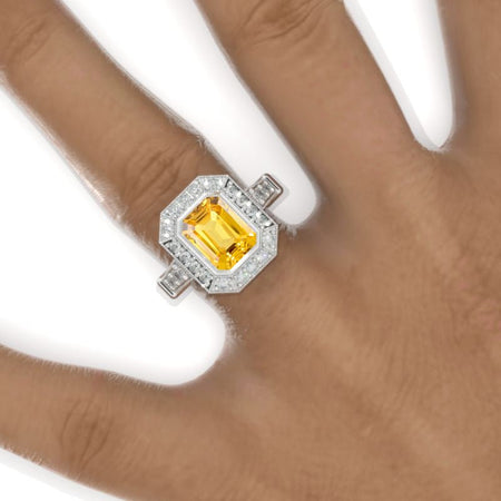 3 Carat Vintage Style Emerald Cut Yellow Sapphire White Gold Engagement Ring Model 959