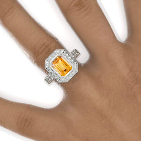 3 Carat Vintage Style Emerald Cut Genuine Yellow Citrine White Gold Engagement Ring Model 959