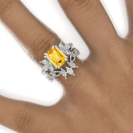 3 Carat Emerald Yellow Sapphire Cluster Floral Engagement Ring 14K White Gold Ring Set