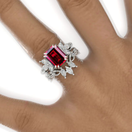 3 Carat Emerald Ruby Cluster Floral Engagement Ring 14K White Gold Ring Set