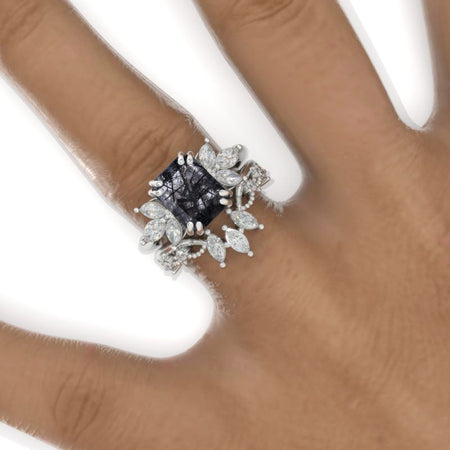 3 Carat Emerald Rutilated Quartz Cluster Floral Engagement Ring 14K White Gold Ring Set