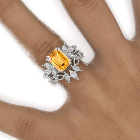 3 Carat Emerald Genuine Yellow Citrine Cluster Floral Engagement Ring 14K White Gold Ring Set