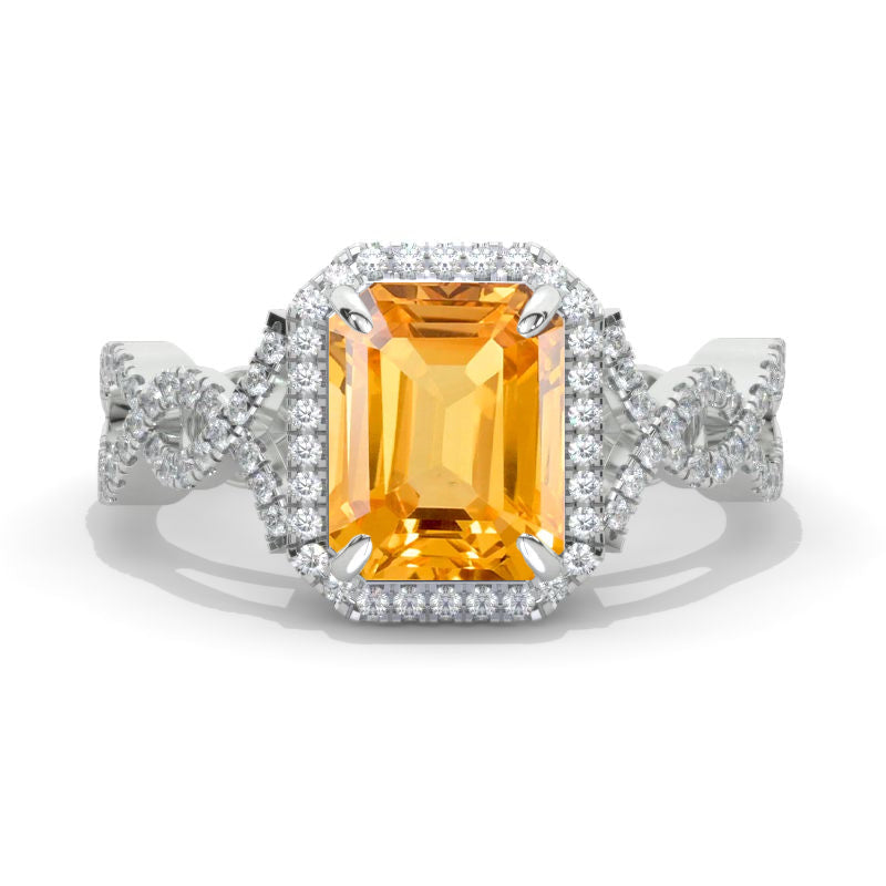 2 Carat Emerald Halo Genuine Yellow Citrine Twisted Shank  White Gold Engagement Ring Model 961-8x6mm